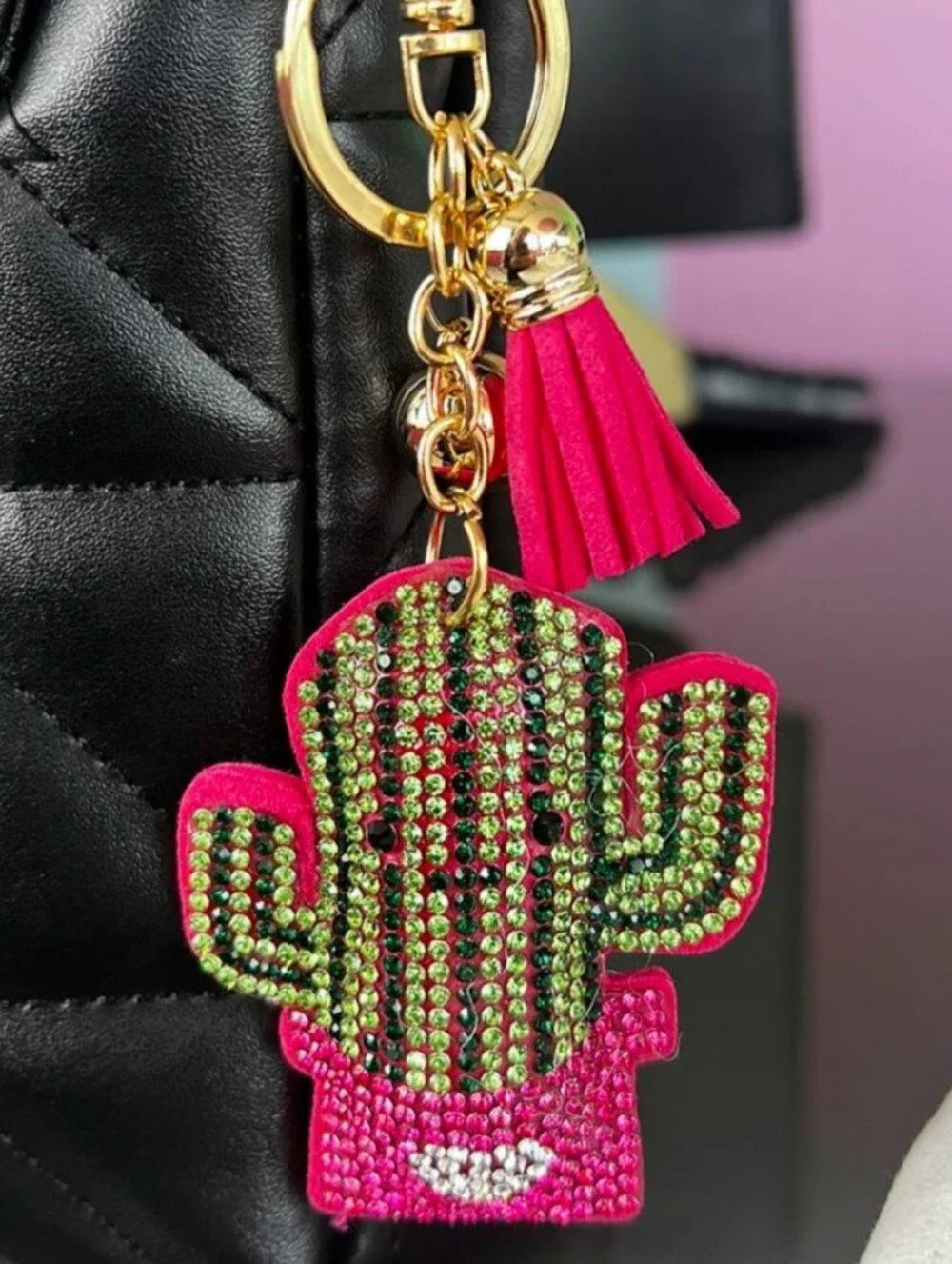 Western Cactus Crystal Rhinestone Keychain Bag Charm With Pink Tassel